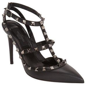 Valentino Garavani Rockstud Pumps - Black Leather with Gunmetal Studs